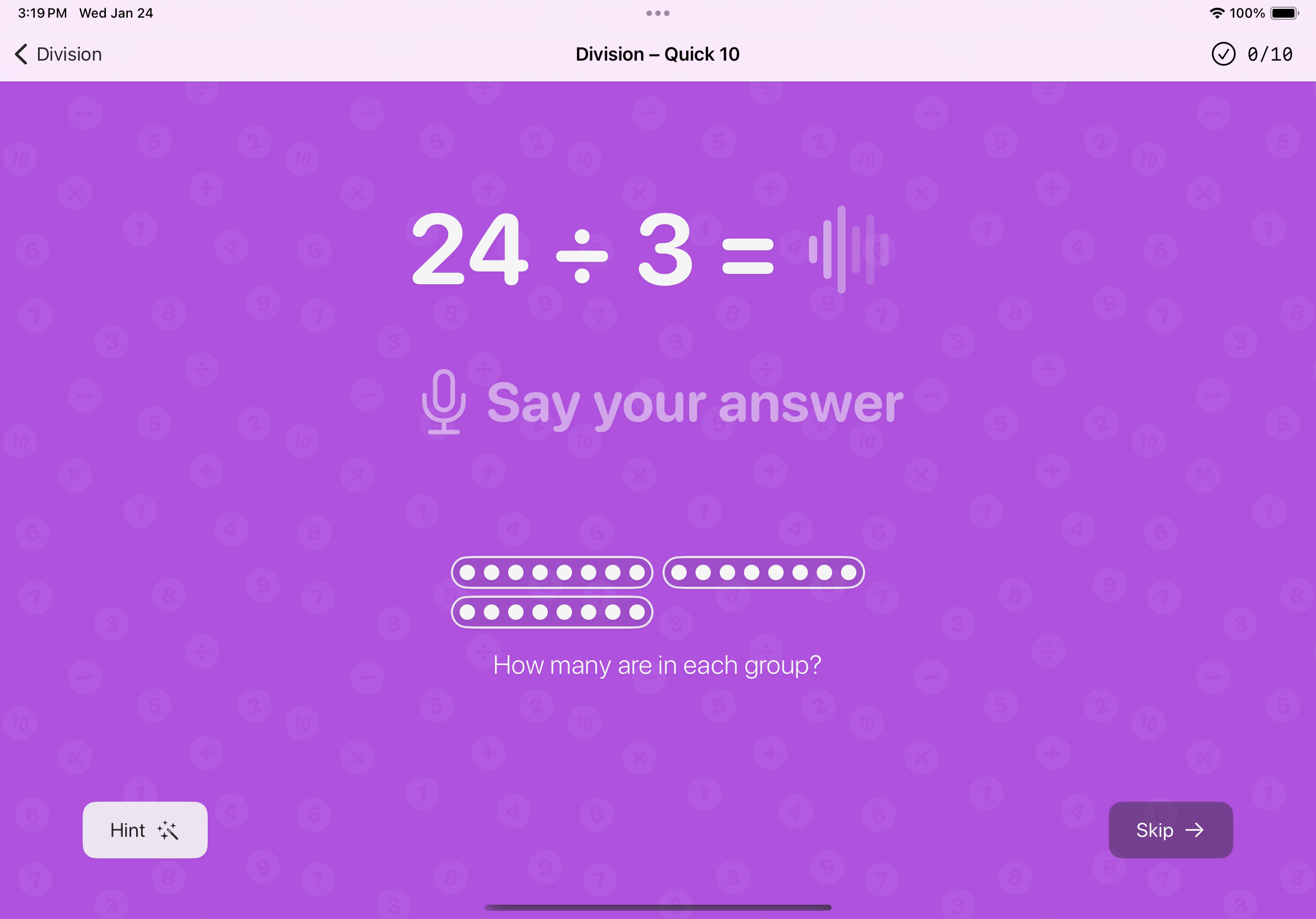 Division practice screen showing a math problem