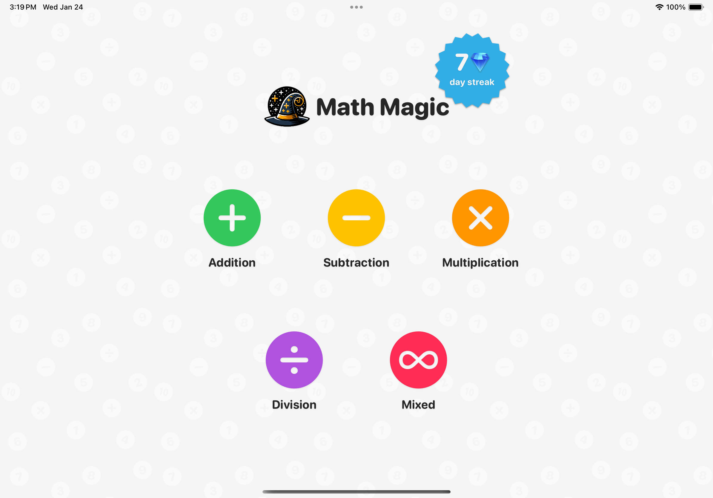Launch screen of app showing options for Addition, Subtraction, Multiplication and Division practice
