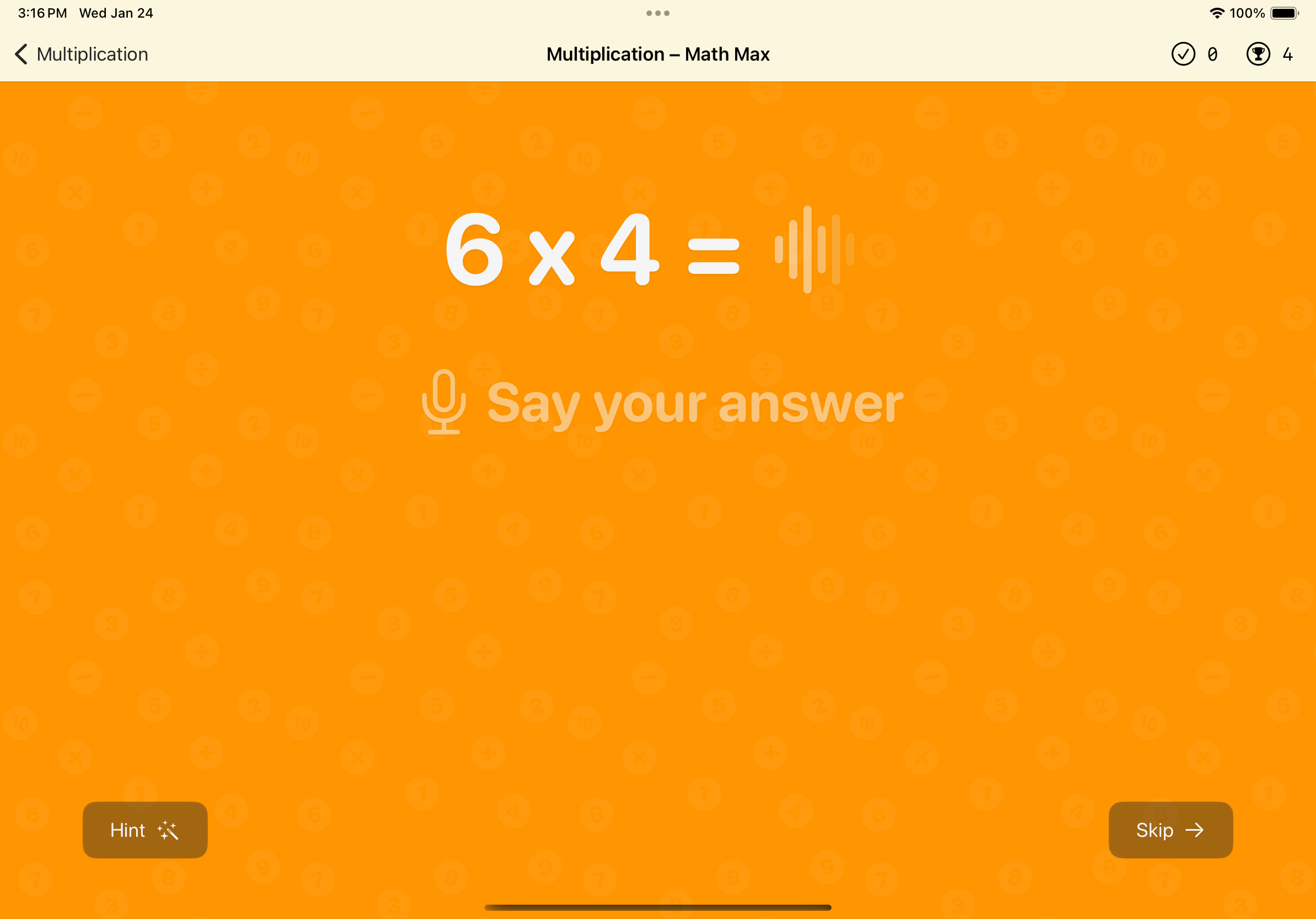 Multiplication practice screen showing a math problem